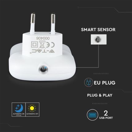 LED-Steckdosen-Nachtlicht mit Dämmerungssensor 2xUSB LED/0,45W/230V 4000K