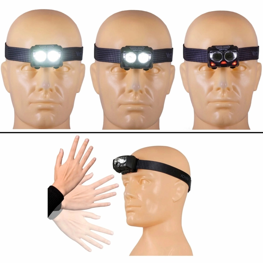 LED wiederaufladbare Stirnlampe mit Dimmfunktion, Sensor und rotem Licht 2xLED/5W/5V/3xAAA IP65 500 lm 1200 mAh