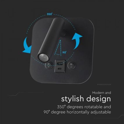 LED-Wand-Spot mit USB-Anschluss LED/8W/230V 3000K schwarz