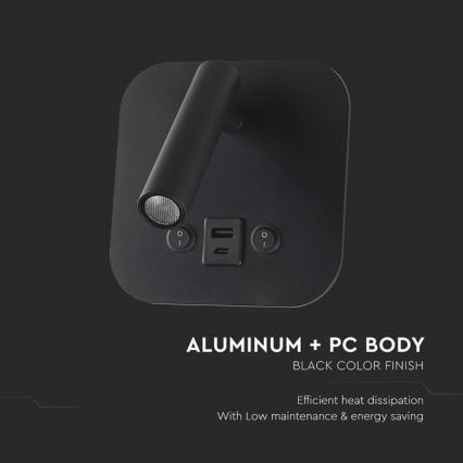 LED-Wand-Spot mit USB-Anschluss LED/8W/230V 3000K schwarz