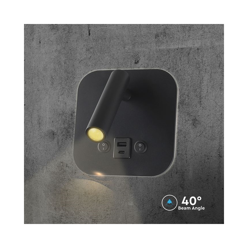 LED-Wand-Spot mit USB-Anschluss LED/8W/230V 3000K schwarz