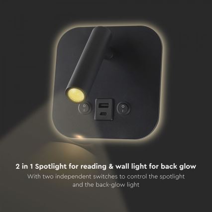 LED-Wand-Spot mit USB-Anschluss LED/8W/230V 3000K schwarz