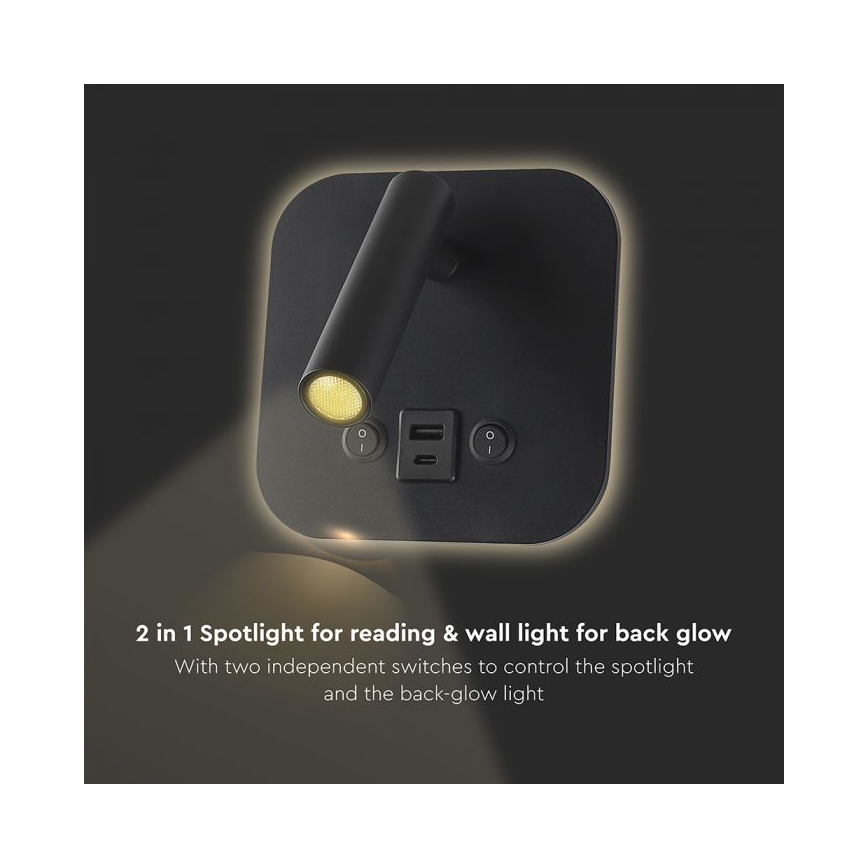 LED-Wand-Spot mit USB-Anschluss LED/8W/230V 3000K schwarz