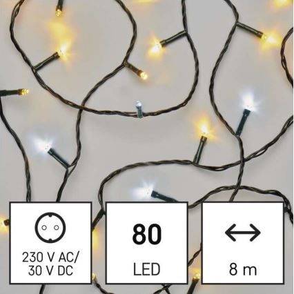 LED-Weihnachts-Lichterkette für den Außenbereich 80xLED/2 Funktionen 13m IP44 warmweiß/kaltweiß