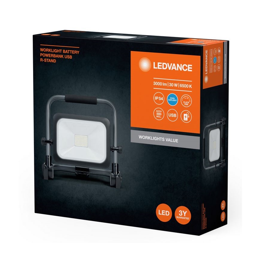 Ledvance - Dimmbarer, aufladbarer LED-Outdoor-Strahler WORKLIGHT BATTERY LED/30W/5V 2200 mAh IP54