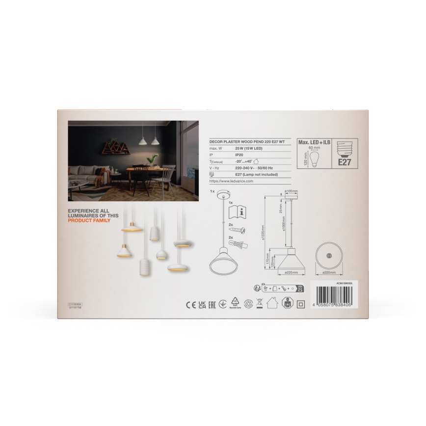 Ledvance - Hängeleuchte DECOR PLASTER 1xE27/25W/230V d 22 cm Gips weiß