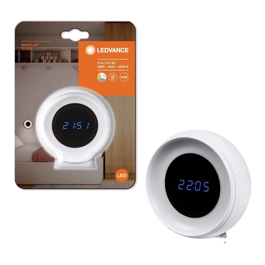 Ledvance - LED-Digitaluhr mit Hintergrundbeleuchtung NIGHTLUX LED/0,3W/5V 1000mAh 3000/4000/6500K