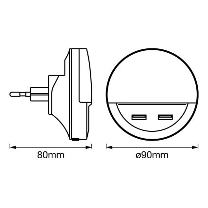 Ledvance - LED-Nachtlicht in Steckdose mit Sensor LUNETTA 2xUSB LED/13W/230V