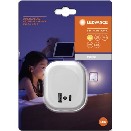 Ledvance - LED-Steckdosen-Nachtlicht mit Sensor und USB LUNETTA LED/12,5W/230V weiß