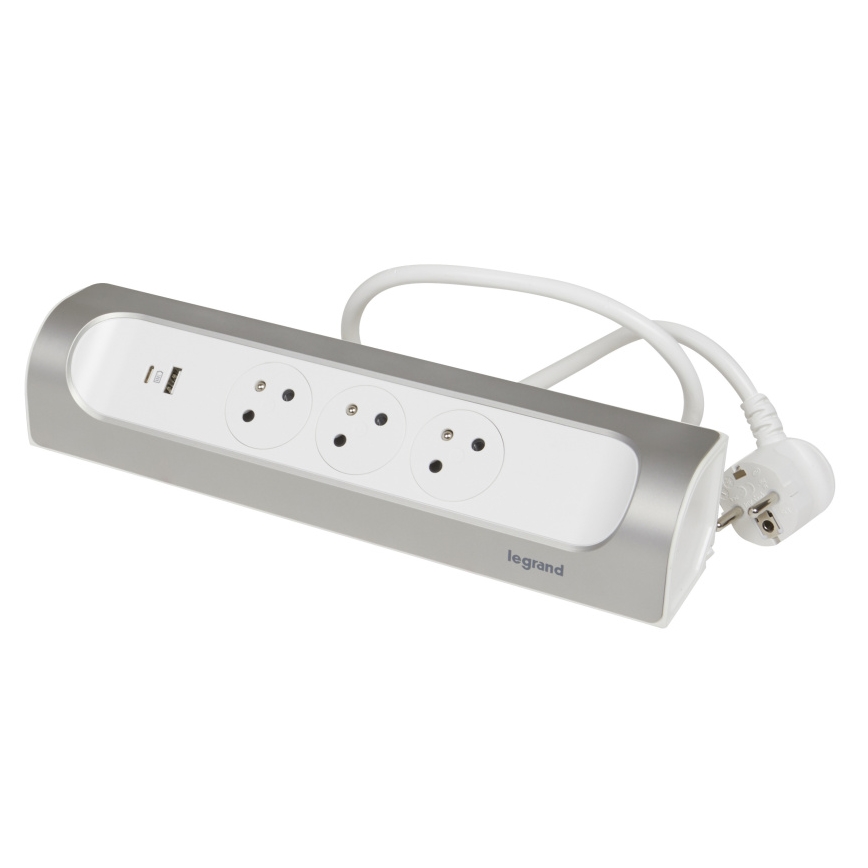 Legrand 049406 - Verlängerungskabel 3-fach Typ E + USB-A + USB-C 1 m silber/weiß