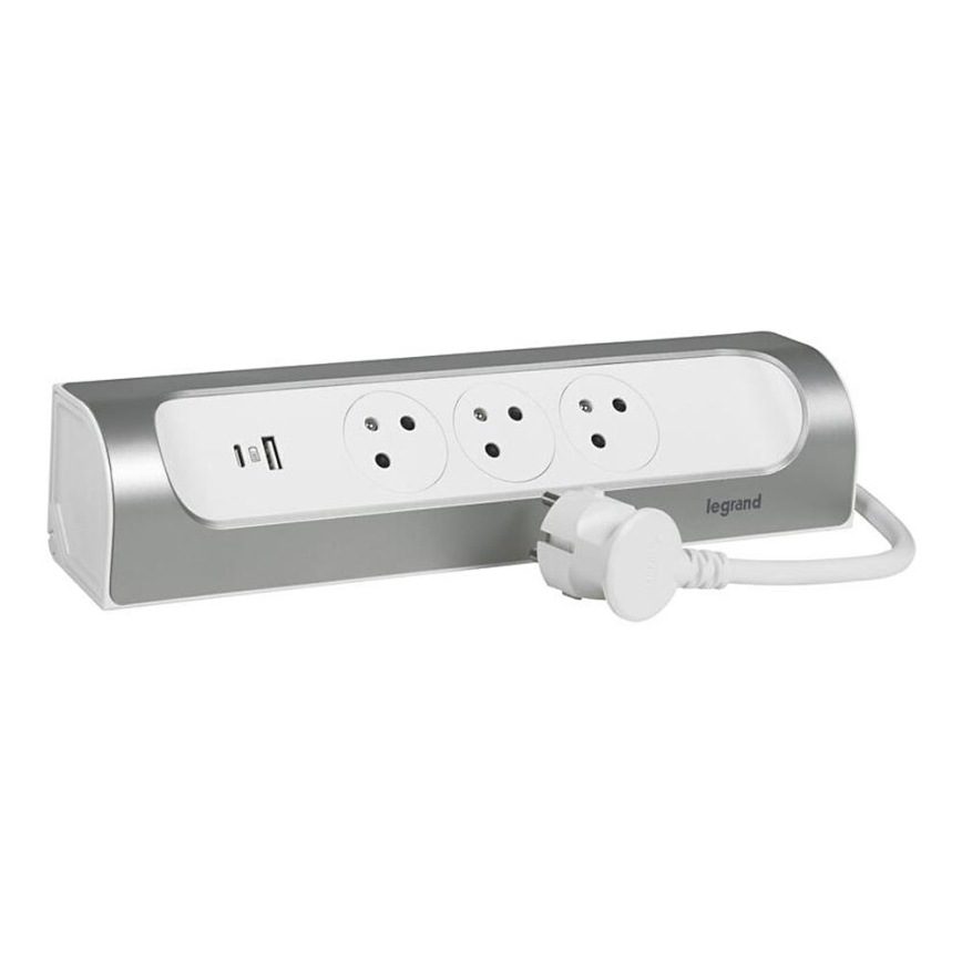 Legrand 049406 - Verlängerungskabel 3Z Typ E + USB-A + USB-C 1m silbern/weiß