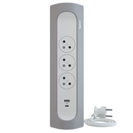 Legrand 049406 - Verlängerungskabel 3Z Typ E + USB-A + USB-C 1m silbern/weiß
