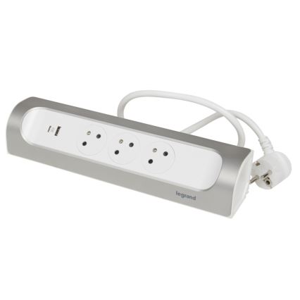 Legrand 049406 - Verlängerungskabel 3Z Typ E + USB-A + USB-C 1m silbern/weiß