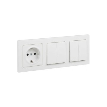 Legrand - 2x doppelte Serienschalter č. 5 und SCHUKO-Haushaltssteckdose mit Rahmen SUNO 250 V weiß