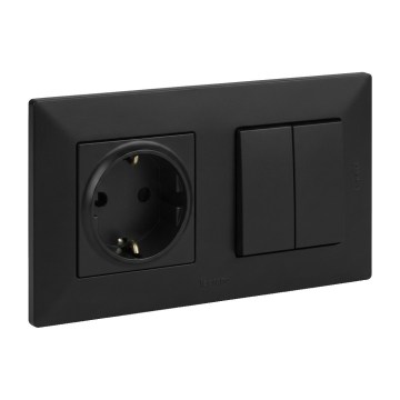 Legrand - Doppel-Treppenlichtschalter 6+6 und Haushalts-SCHUKO-Steckdose mit Rahmen NILOE STEP 250V schwarz