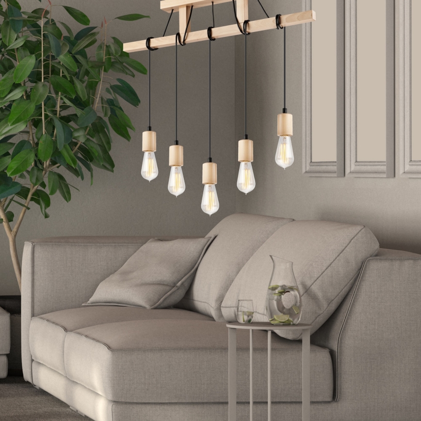 Deckenleuchte an Seil LEON 5xE27/60W/230V Buche