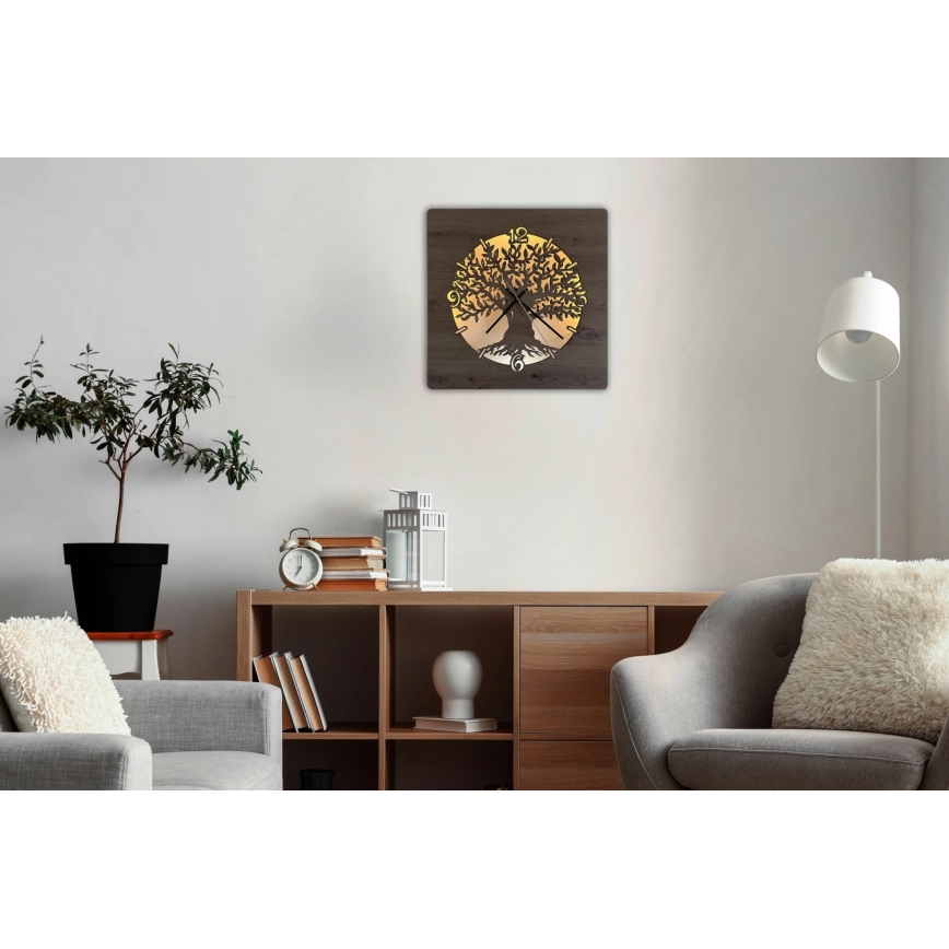 Li-Go 23537/DUB2 - LED-dimmbare Wanduhr LED/10W/5V 20000 mAh 42x42 cm Eiche/Olivenholz rund + Fernbedienung