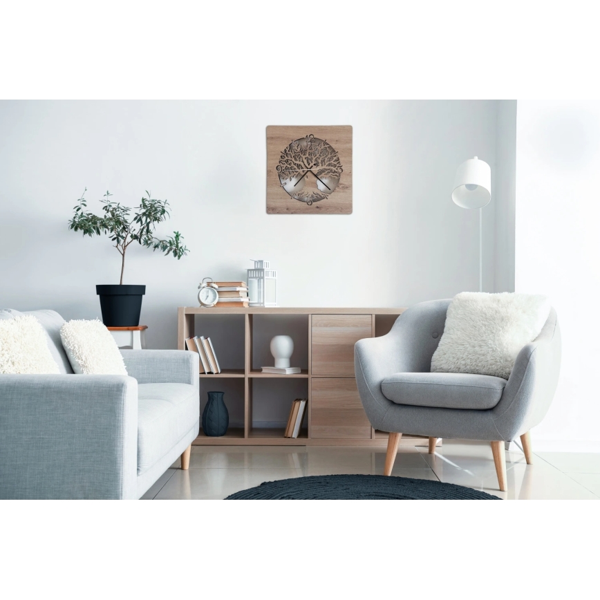 Li-Go 23537/DUB2 - LED-dimmbare Wanduhr LED/10W/5V 20000 mAh 42x42 cm Eiche/Olivenholz rund + Fernbedienung