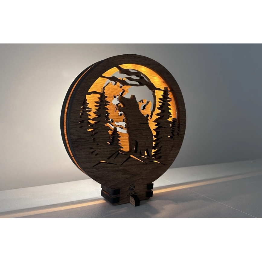 Li-Go 23574/DUB2 - dimmbare LED-Tischdekoration LED/12W/230V 20x22 cm Eiche/Wolf und Mond