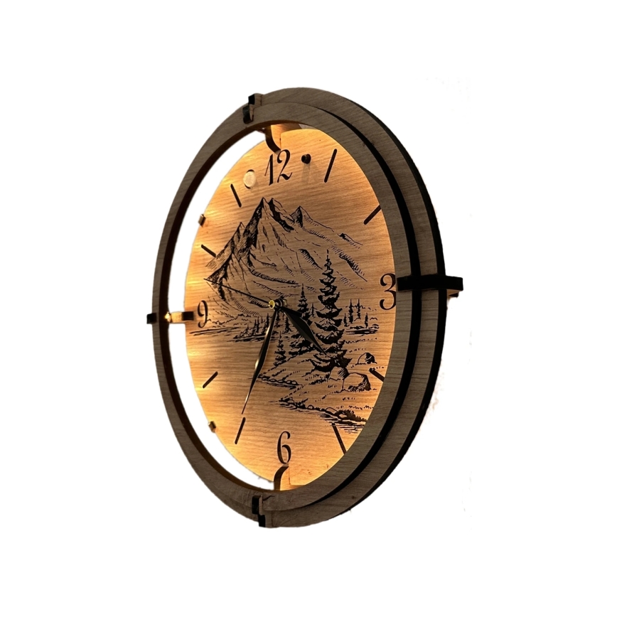 Li-Go 23697/DUB/BAT2 - LED-dimmbare Uhr mit Bewegungssensor, LED/10W/5V, 20000 mAh + 1x AA, Ø 32 cm, Eiche/Berge