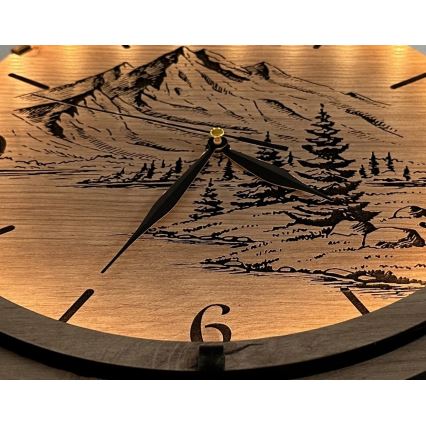 Li-Go 23697/DUB/BAT2 - LED-dimmbare Uhr mit Bewegungssensor, LED/10W/5V, 20000 mAh + 1x AA, Ø 32 cm, Eiche/Berge