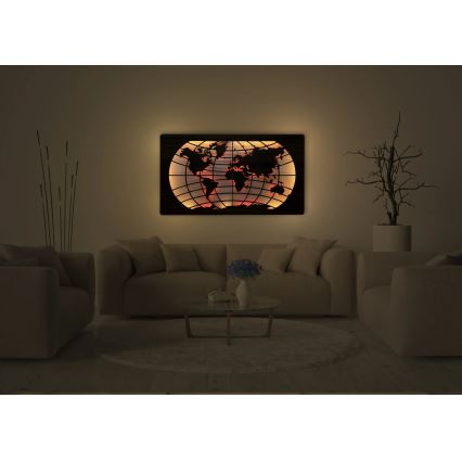 Li-Go 4709/DUB2 - LED RGBW dimmbare Wanddekoration LED/24W/230V 125x74 cm Eiche/Weltkarte mit Breitengraden + Fernbedienung