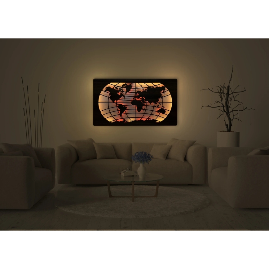 Li-Go 4709/DUB2 - LED RGBW dimmbare Wanddekoration LED/24W/230V 125x74 cm Eiche/Weltkarte mit Breitengraden + Fernbedienung