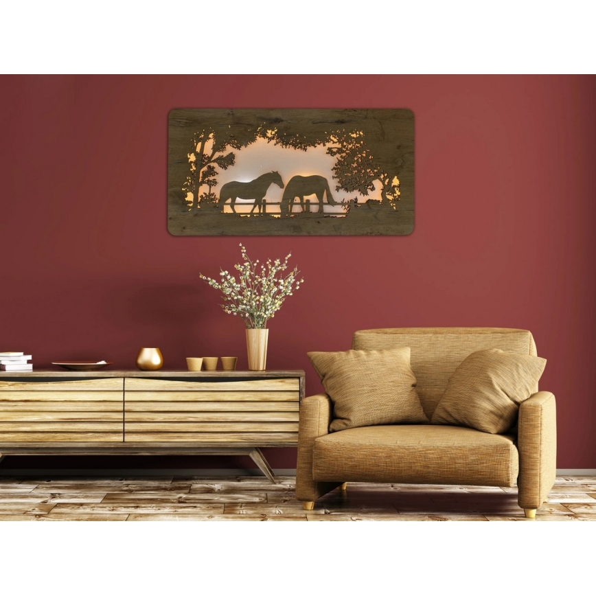 Li-Go 5012/B/4 - Dimmbare LED-Wanddekoration LED/10W/5V 30000 mAh 120x60 cm Eiche/Pferde + Fernbedienung