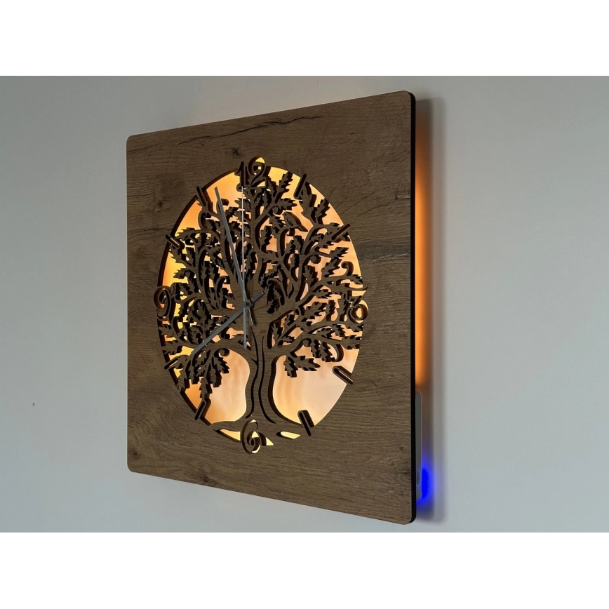 Li-Go 5652/DUB2 - Dimmbare LED-Uhr LED/10W/5V 20000 mAh 42x42 cm Eiche/Eiche im Kreis + Fernbedienung