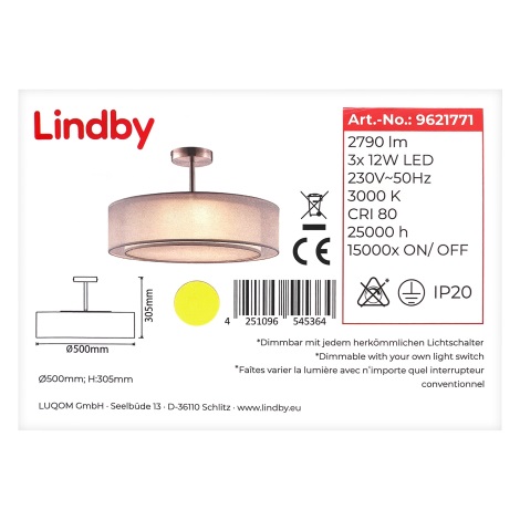 Lindby – Dimmbare LED-Deckenleuchte an Stange PIKKA 3xLED/12W/230V