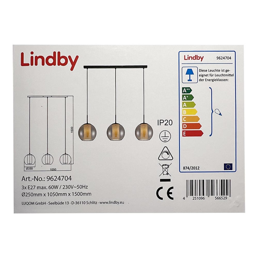 Lindby - Hängeleuchte an Schnur YELA 3xE27/60W/230V