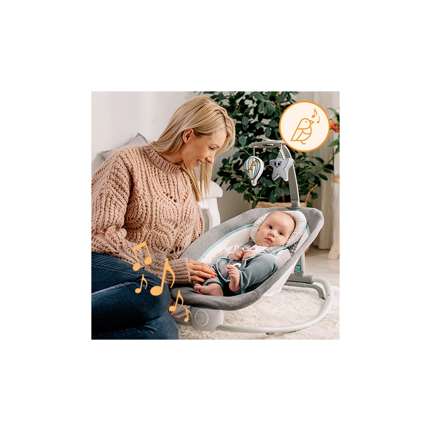 Lionelo - Baby-Wippe mit Vibrationsfunktion und Melodie PASCAL 2×AA grau/türkis