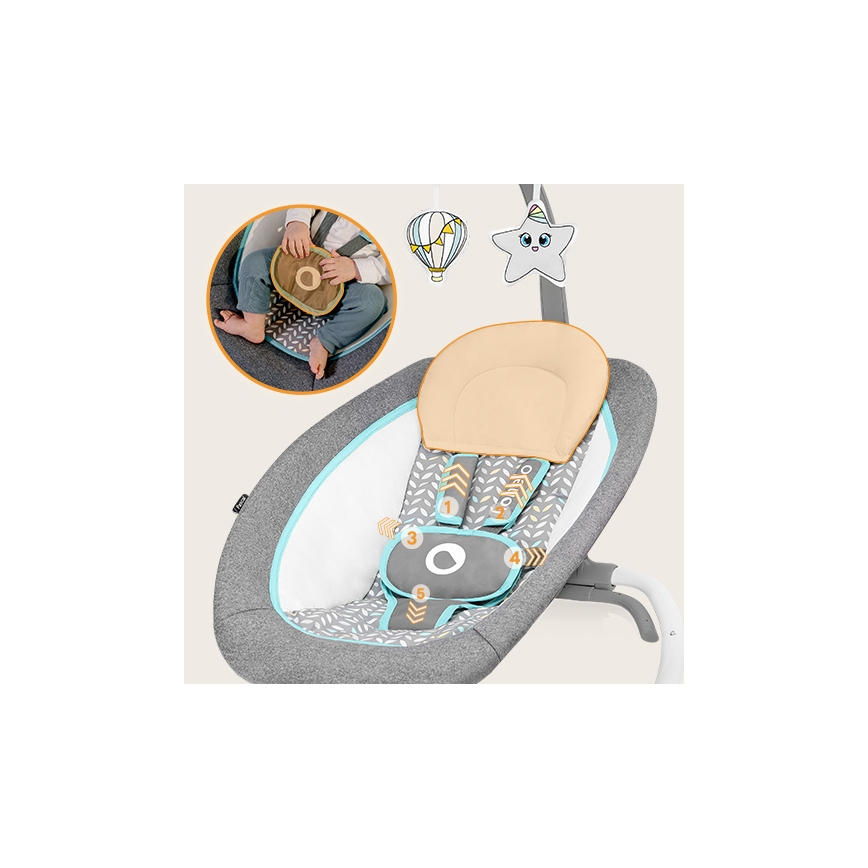 Lionelo - Baby-Wippe mit Vibrationsfunktion und Melodie PASCAL 2×AA grau/türkis