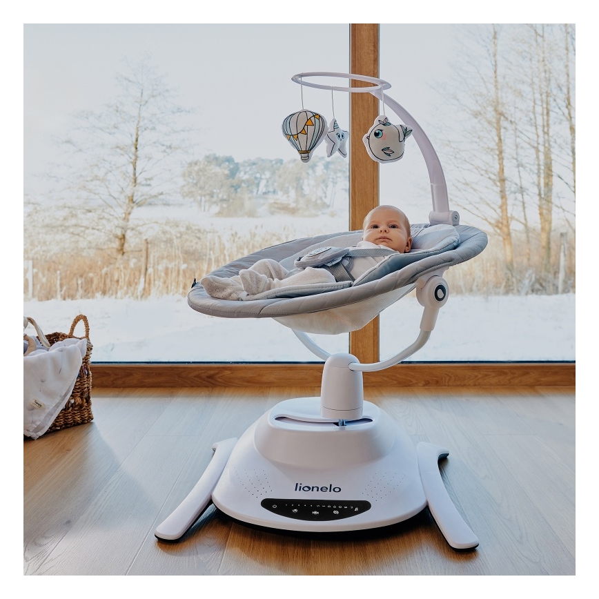 Lionelo - Babywippe mit Melodie 2-in-1 BELLA 4xAA Betongrau + Fernbedienung