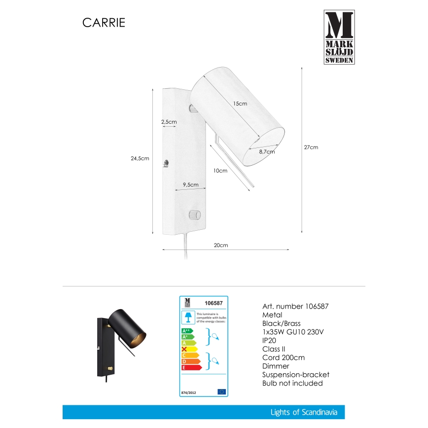 Markslöjd 106587 - Dimmbare Wandleuchte CARRIE 1xGU10/35W/230V schwarz