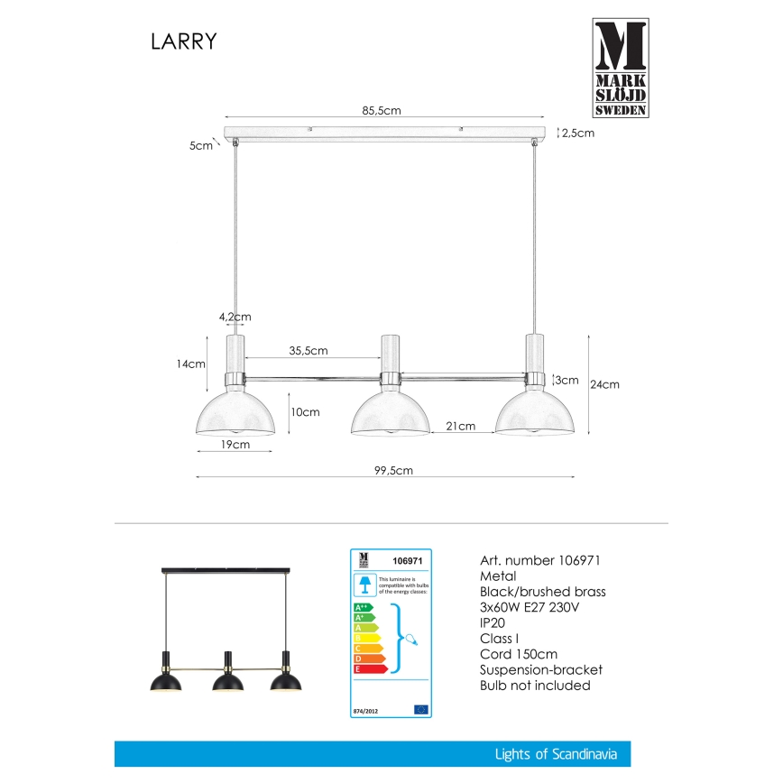 Markslöjd 106971 - Hängeleuchte LARRY 3xE27/60W/230V schwarz/gold