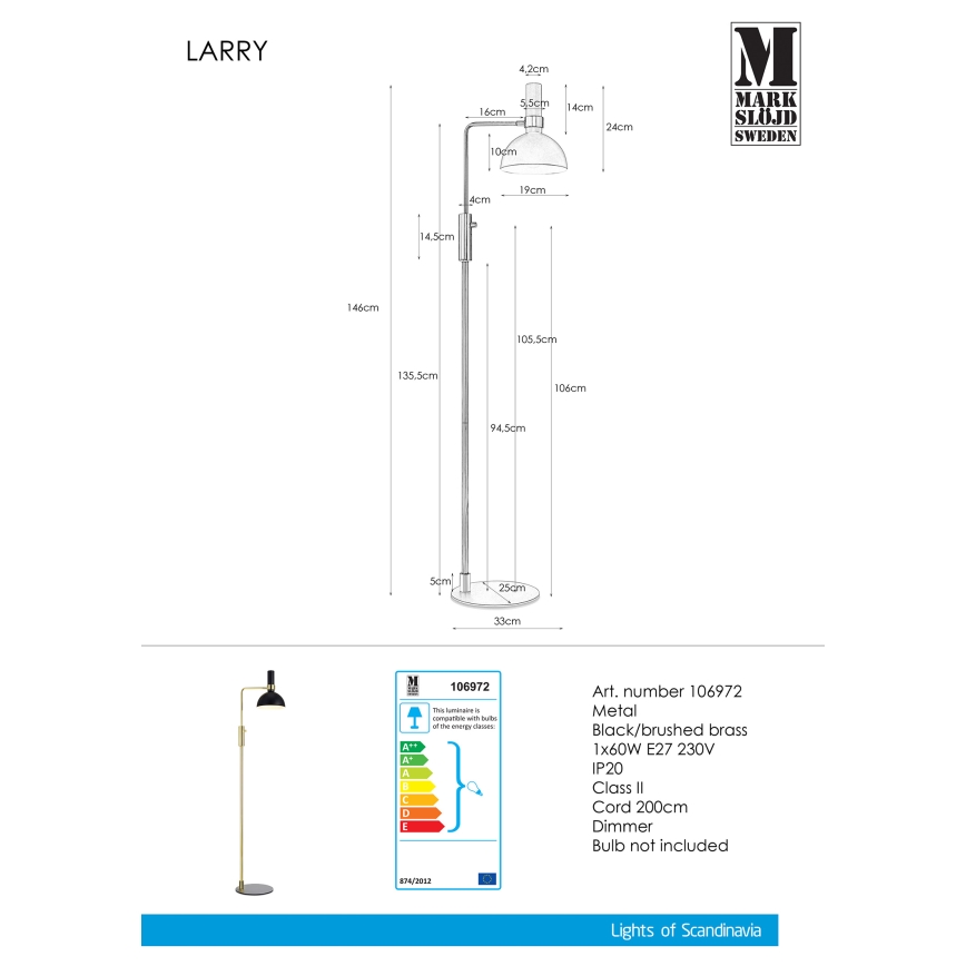 Markslöjd 106972 - Dimmbare Stehlampe LARRY 1xE27/60W/230V schwarz/gold