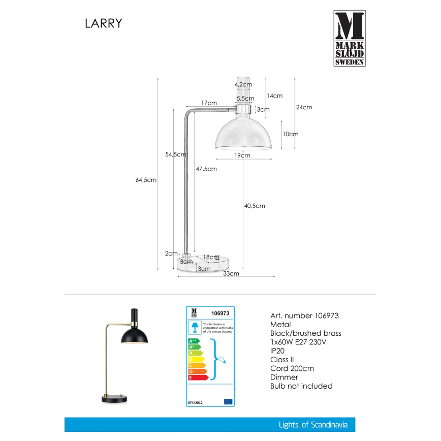 Markslöjd 106973 - dimmbare Tischlampe LARRY 1xE27/60W/230V schwarz/gold