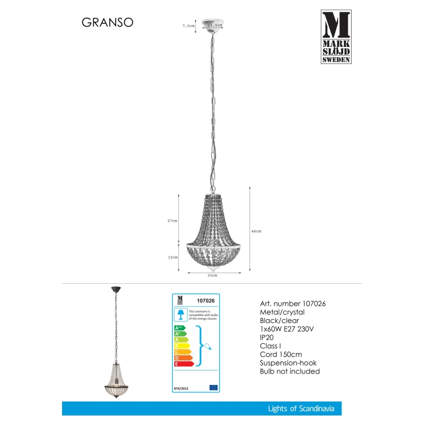 Markslöjd 107026 - Kristall-Hängeleuchte GRÄNSÖ 1xE27/60W/230V