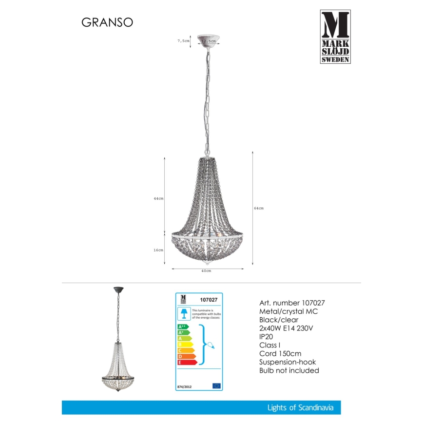 Markslöjd 107027 - Kristall-Hängeleuchte  GRÄNSÖ 2xE14/40W/230V