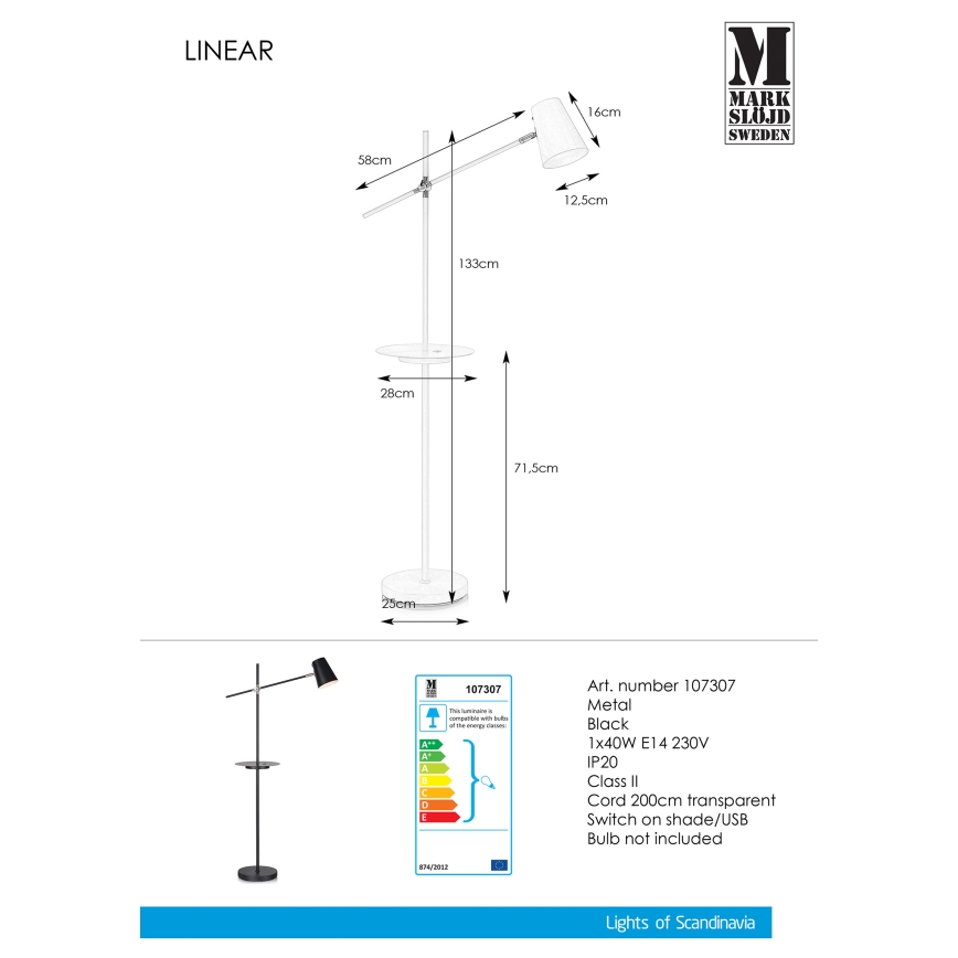 Markslöjd 107307 - Stehlampe mit USB LINEAR 1xE14/40W/230V