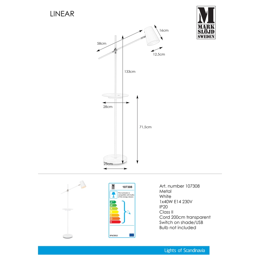 Markslöjd 107308 - Stehlampe mit USB LINEAR 1xE14/40W/230V