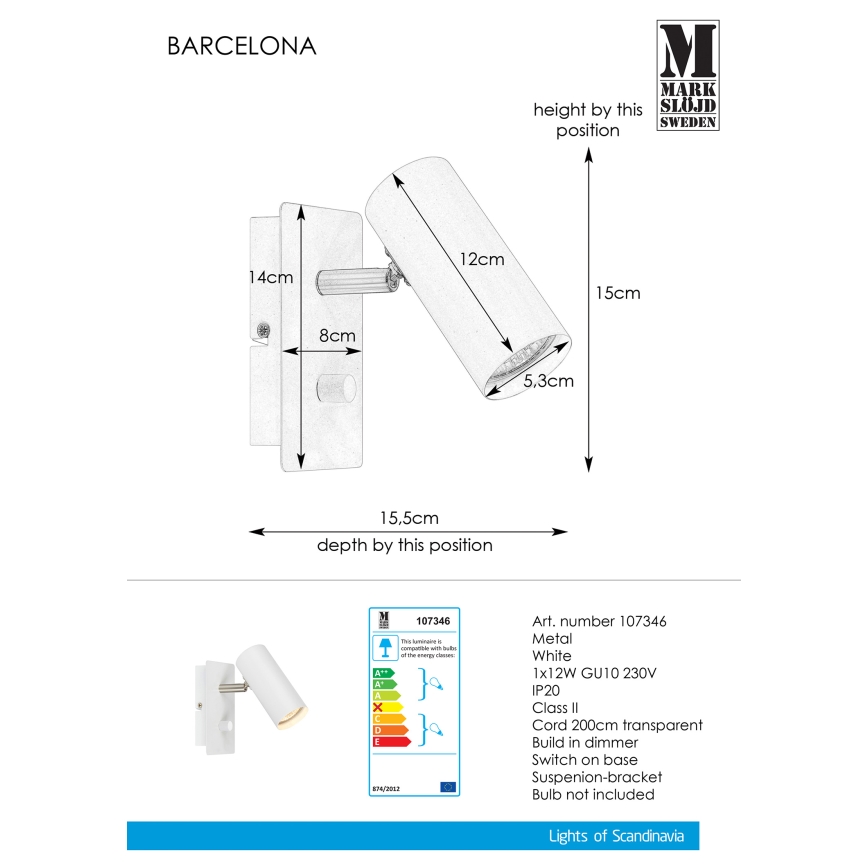 Markslöjd 107346 - Dimmbarer Wandstrahler BARCELONA 1xGU10/12W/230