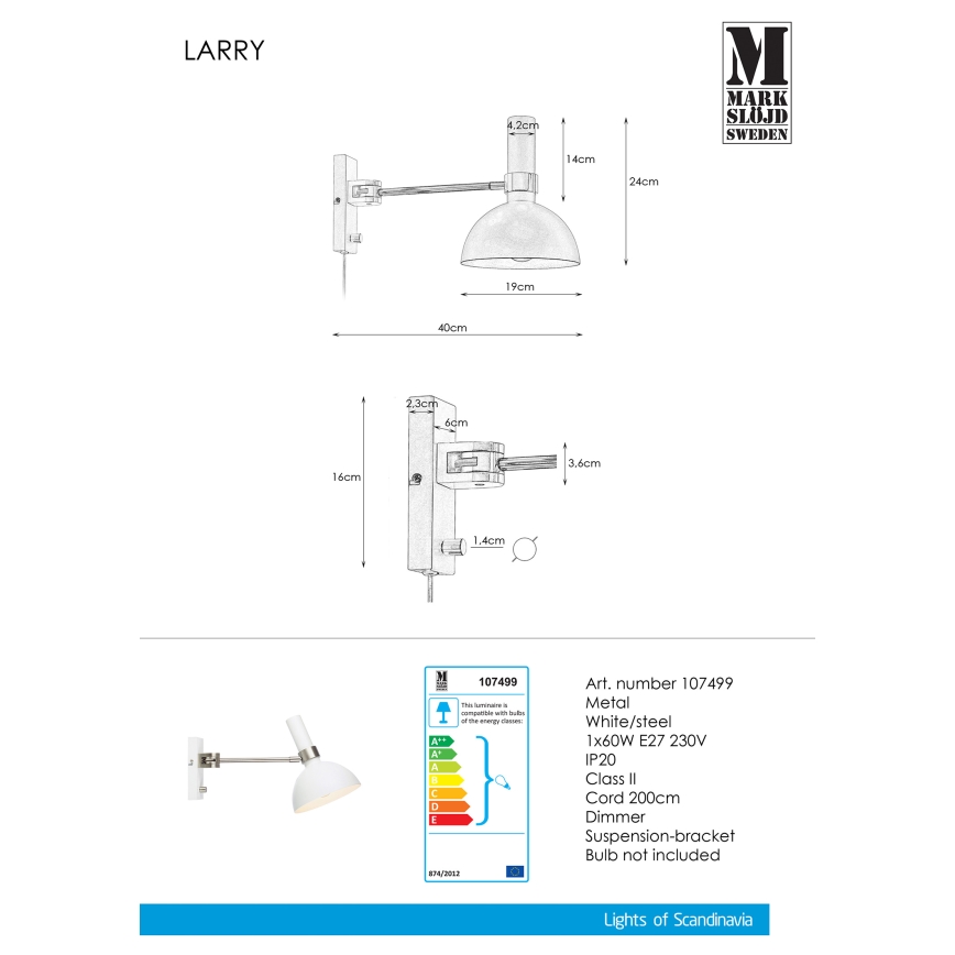 Markslöjd 107499 - Dimmbare Wandleuchte LARRY 1xE27/60W/230V