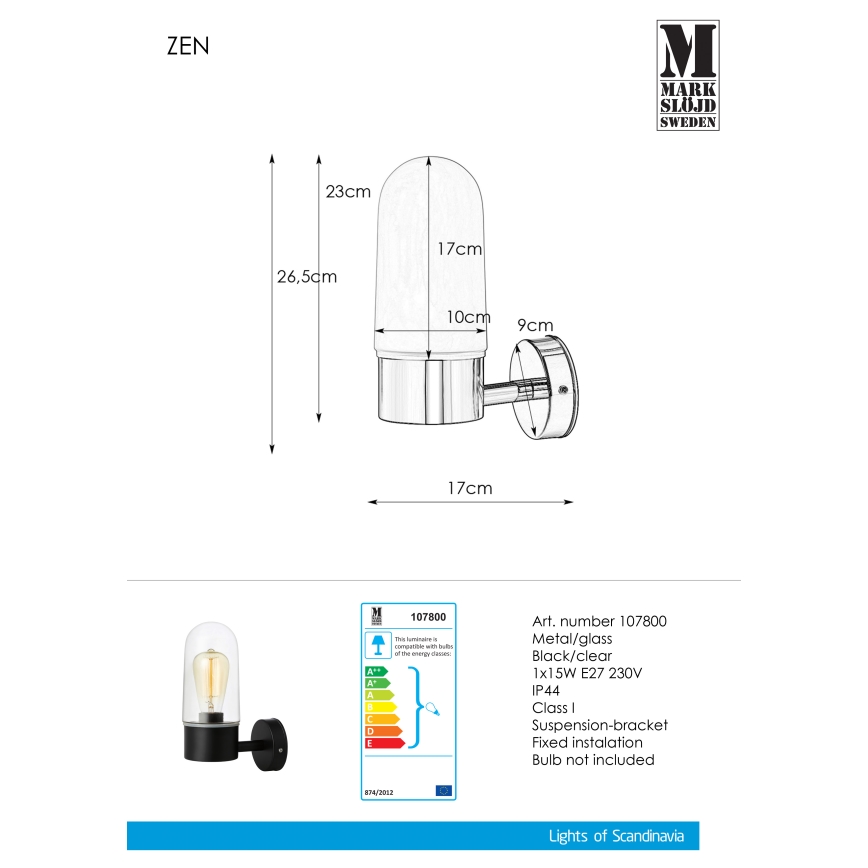 Markslöjd 107800 - Badezimmer-Wandleuchte ZEN 1xE27/15W/230V IP44