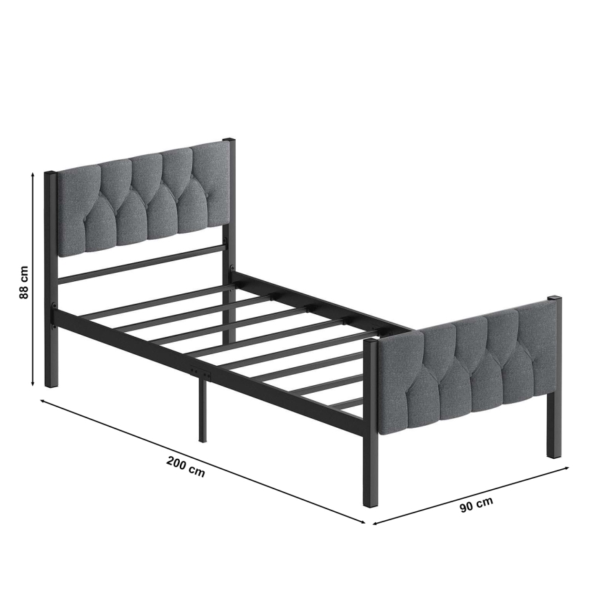 Metall-Einzelbett KAROM 90 x 200 cm, grau, belastbar bis 120 kg