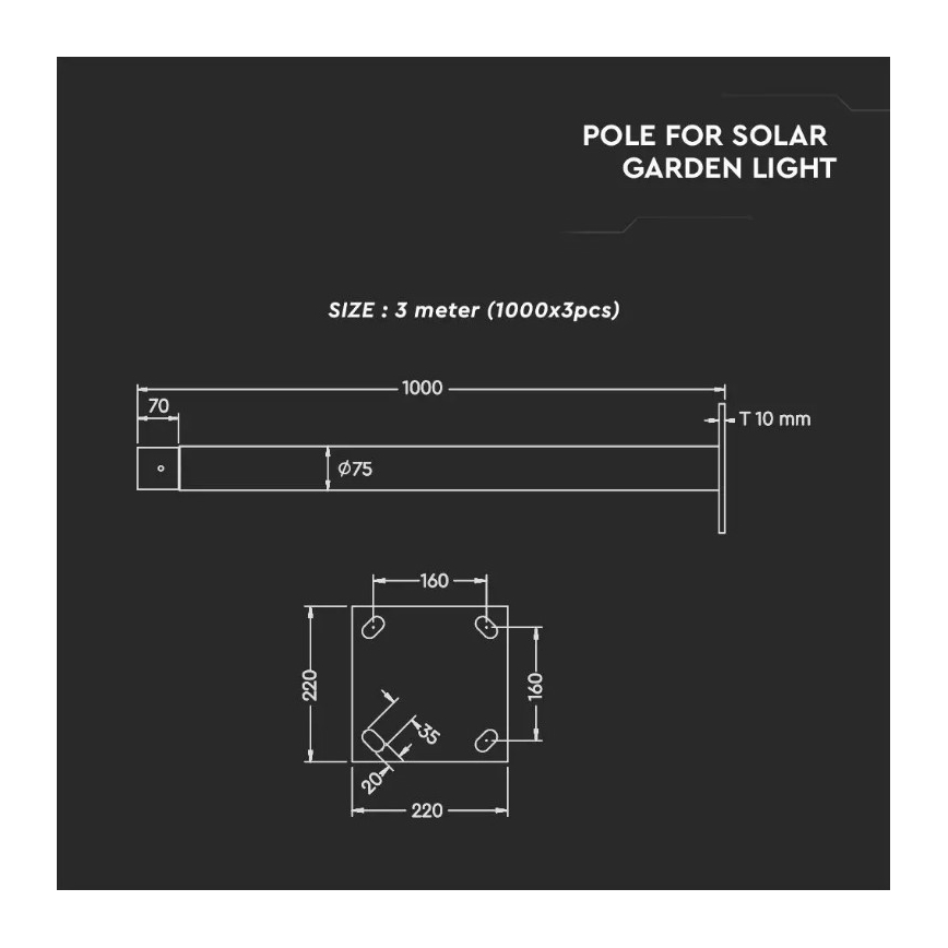 Metallmast mit Ständer für Solarleuchte 3 m