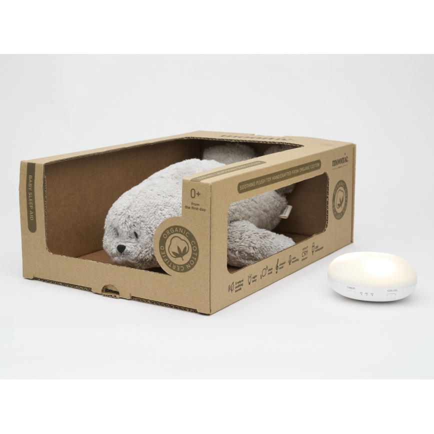 Moonie - Einschlafhilfe mit Melodie und Licht, Seehund, Organic Grey