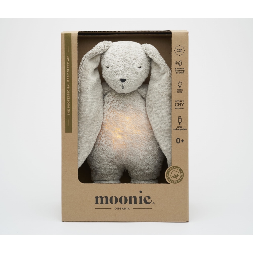 Moonie - Kuscheltier mit Melodie und Licht Hase 2.0 organic grau