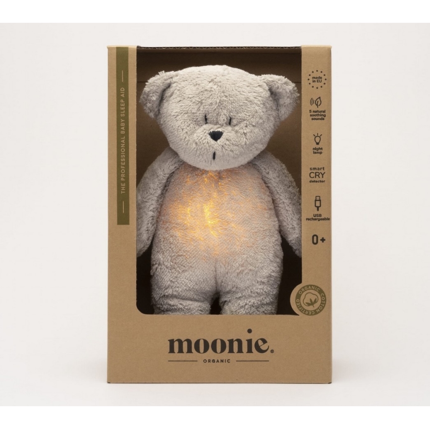 Moonie - Kuscheltier mit Melodie und Licht kleiner Bär 2.0 organic grau